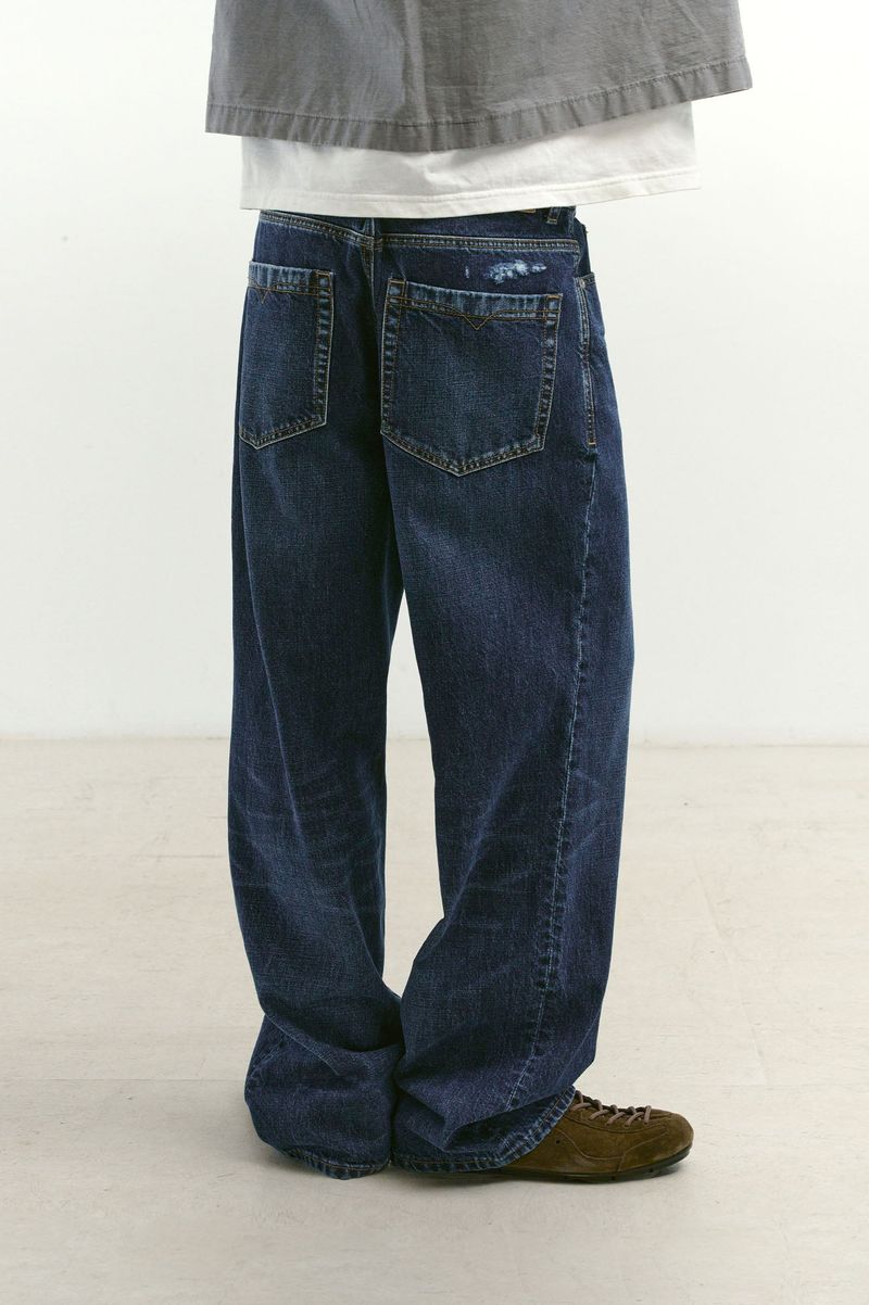 Loose Straight Biker Denim Pants (Washed Navy)