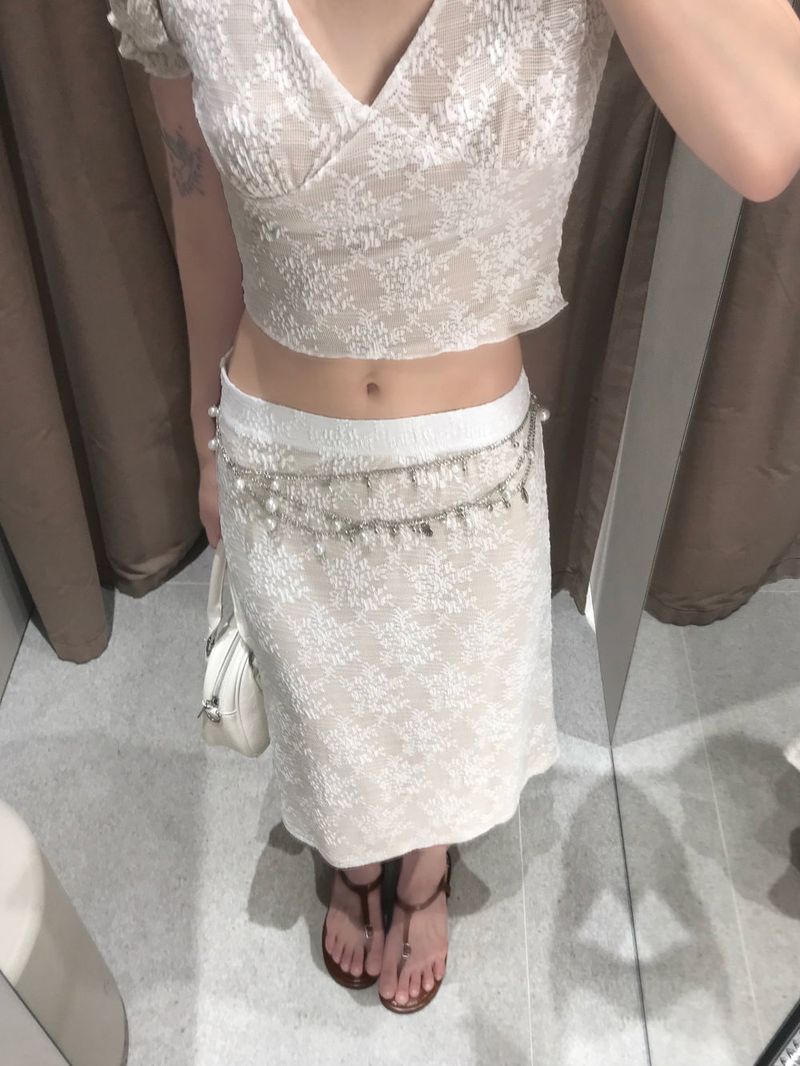 French Garden Lace Deep V-neck Puff Sleeve TOP & MIDI SKIRT SET 