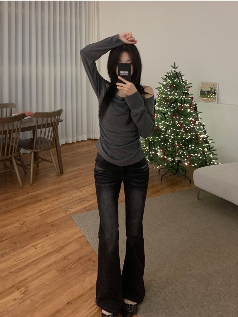 Jenn Muse Off-Shoulder Strap Drape Long Sleeve Top