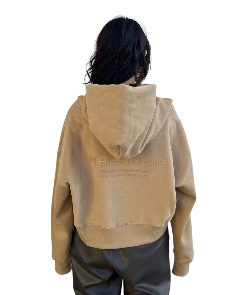 Emboss Cropped Hoodie-BEIGE