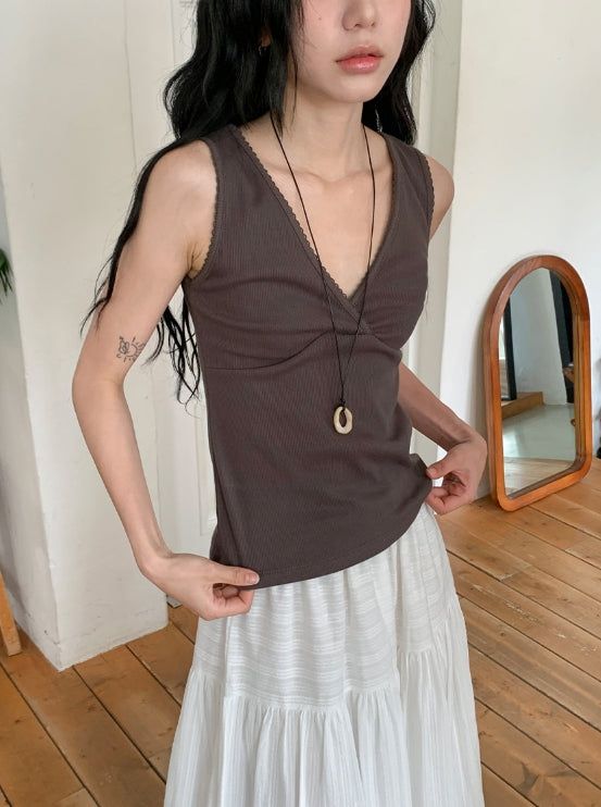 Ichi Deep V-Neck Lace Ribbed Wrap Sleeveless
