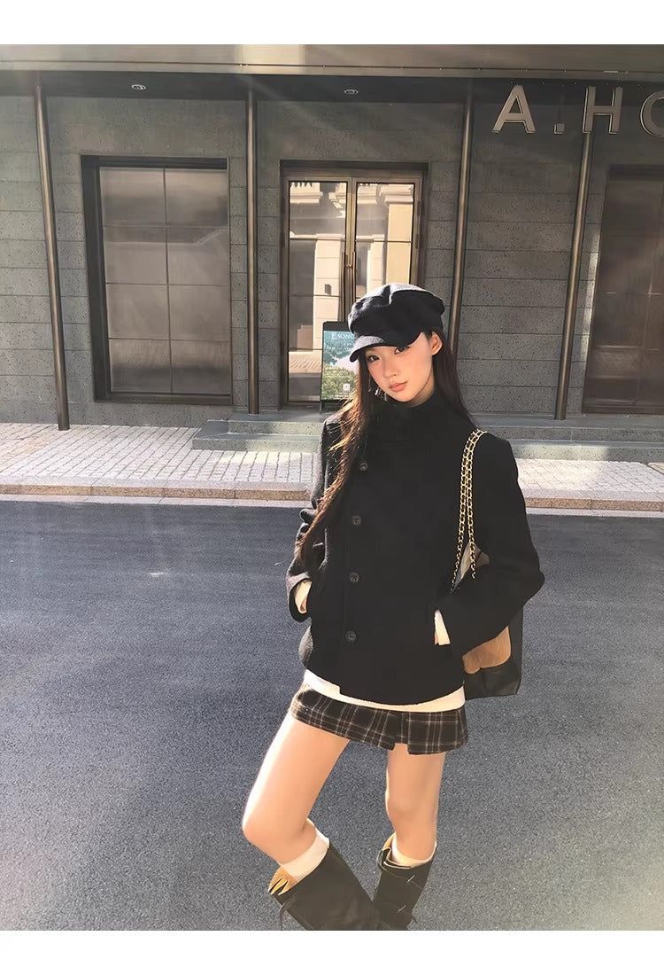 Royal black high-neck wool jacket