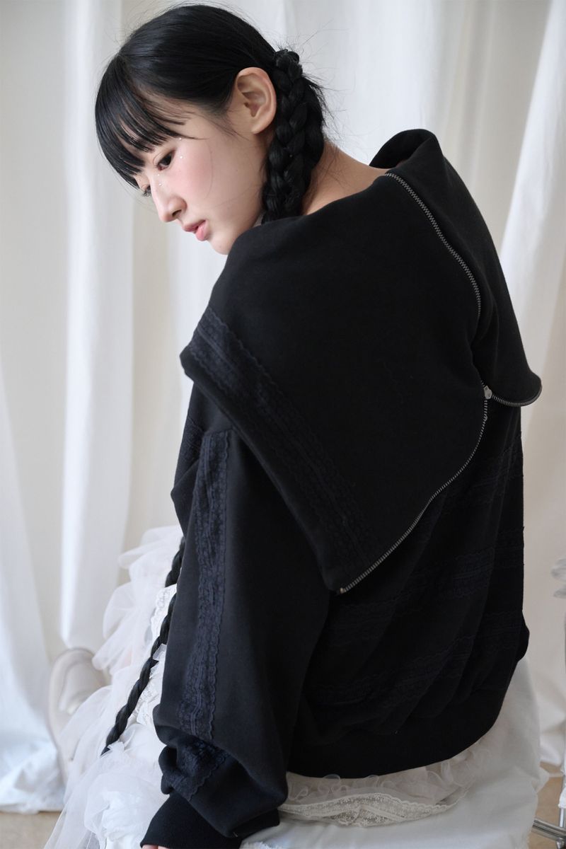 LACED TWOFOLD HOOD ZIP-UP BLACK