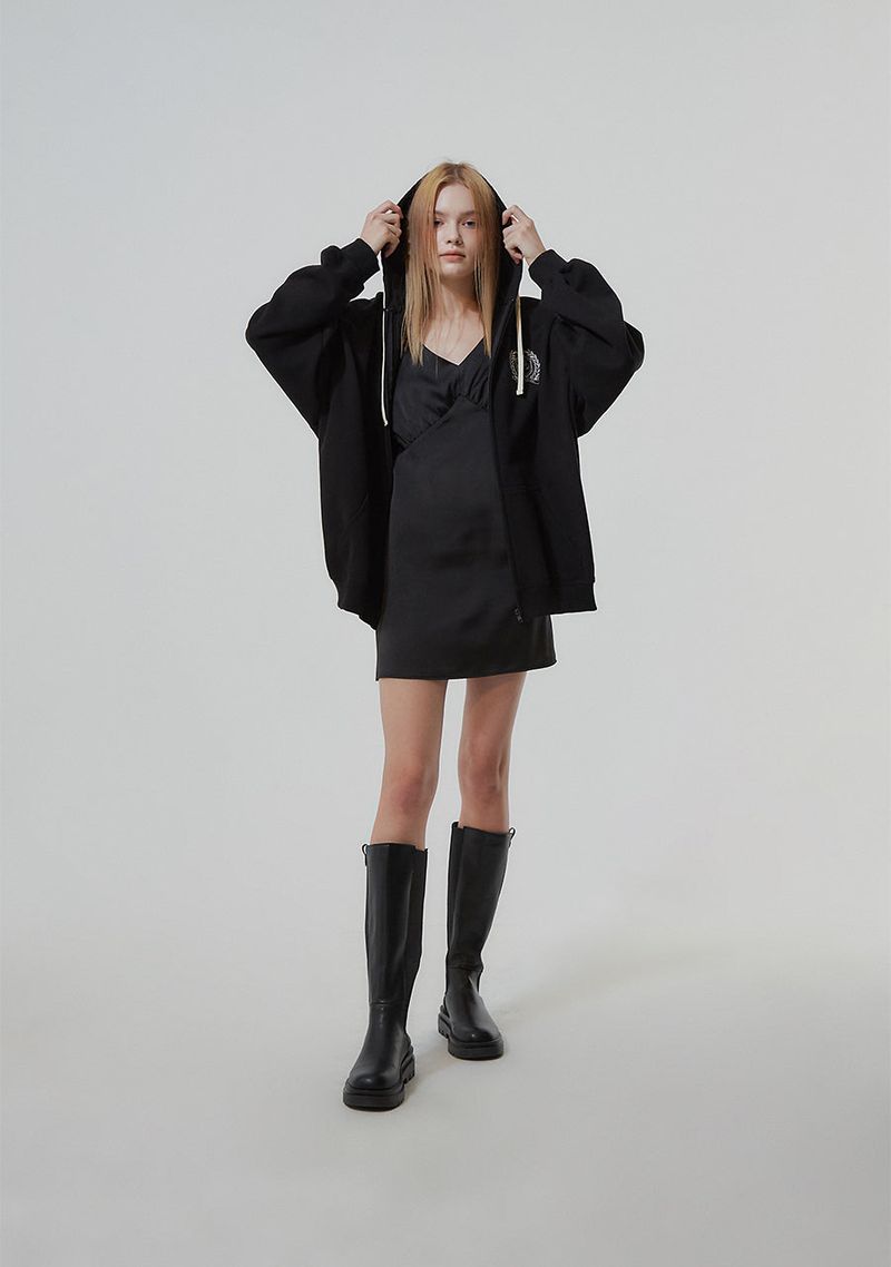 HEAVY WEIGHT OVERFITTED UNIVERSITY LOGO EMBROIDERY HOODIE ZIP UP_ BLACK