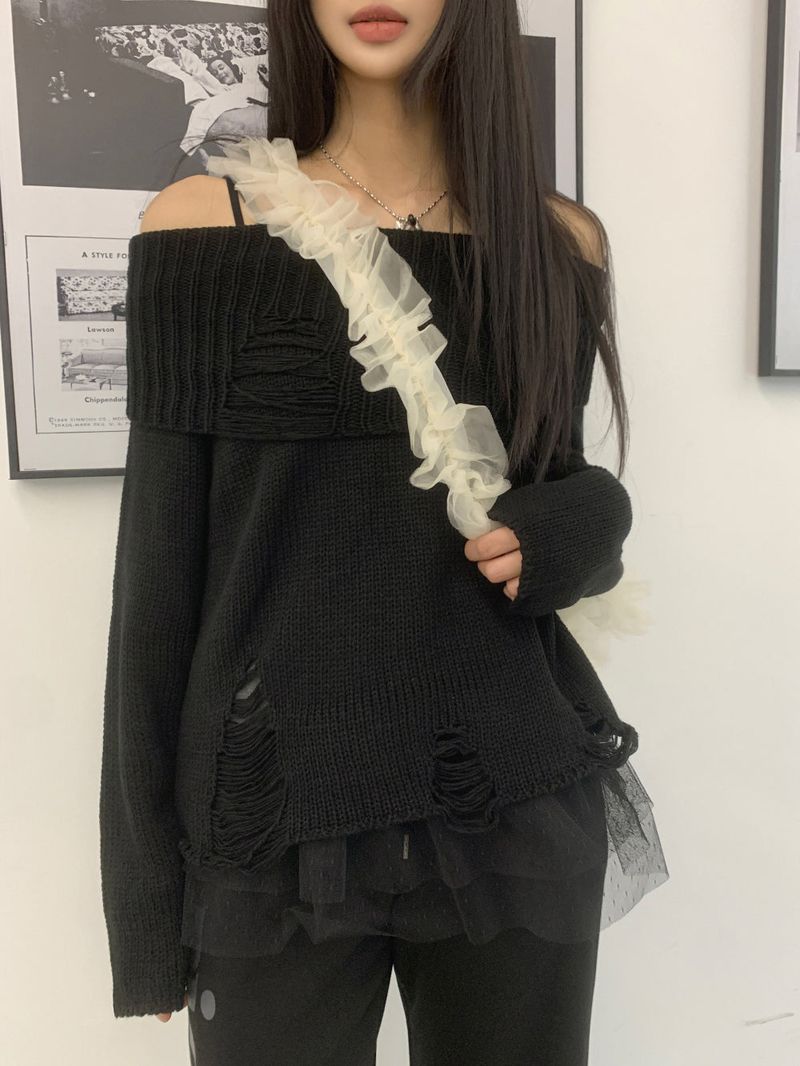 Damage Off-Shoulder Long Sleeve Knit (4 Colors)