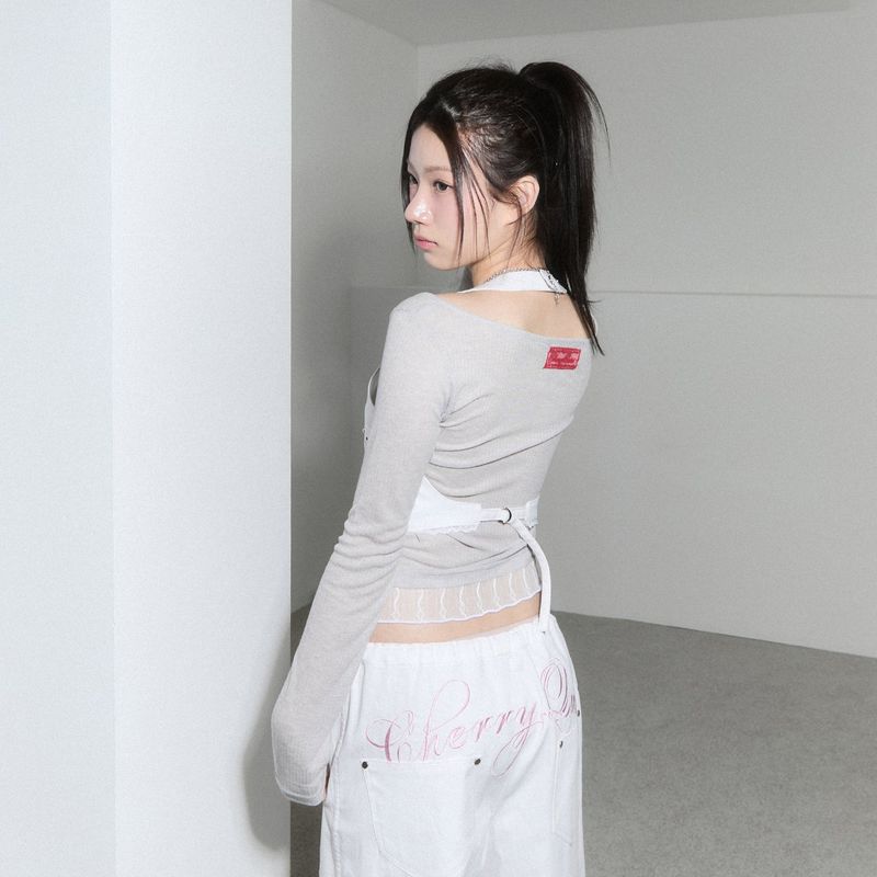 lace layered roll up denim - white