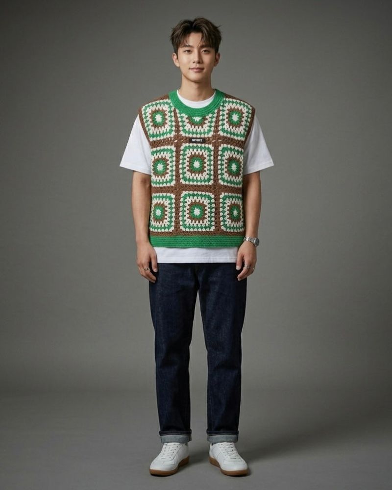 Green&Brown Crocher Knit Vest