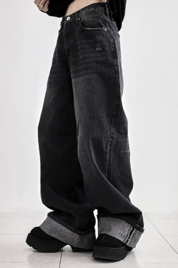 Cuffed cat washing denim pants