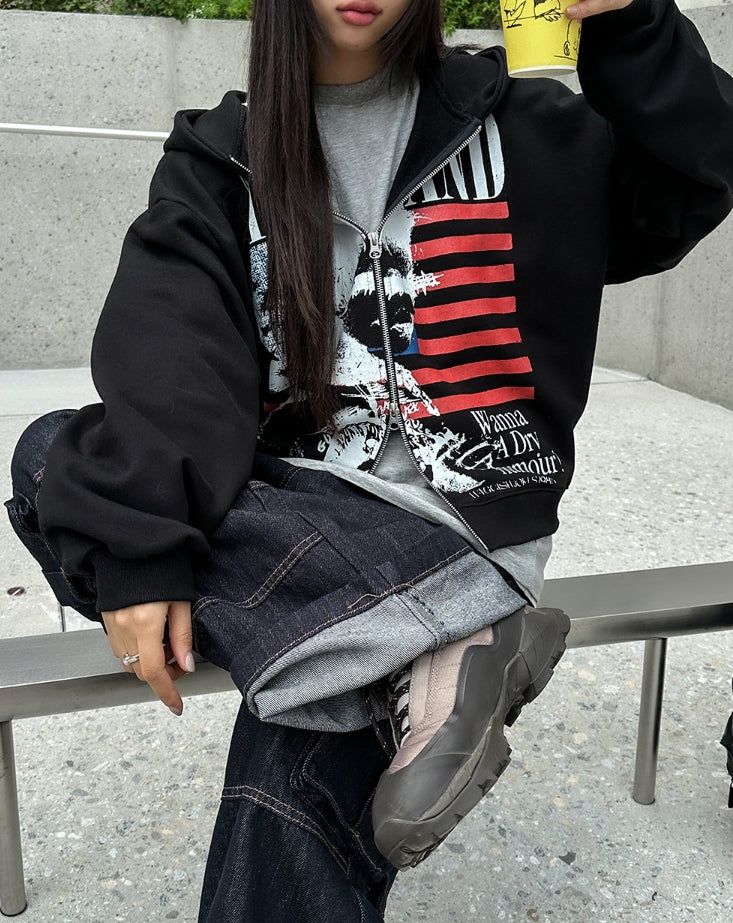 Land Stars and Stripes Two-Way Semi-Crop Hooded Zip-Up