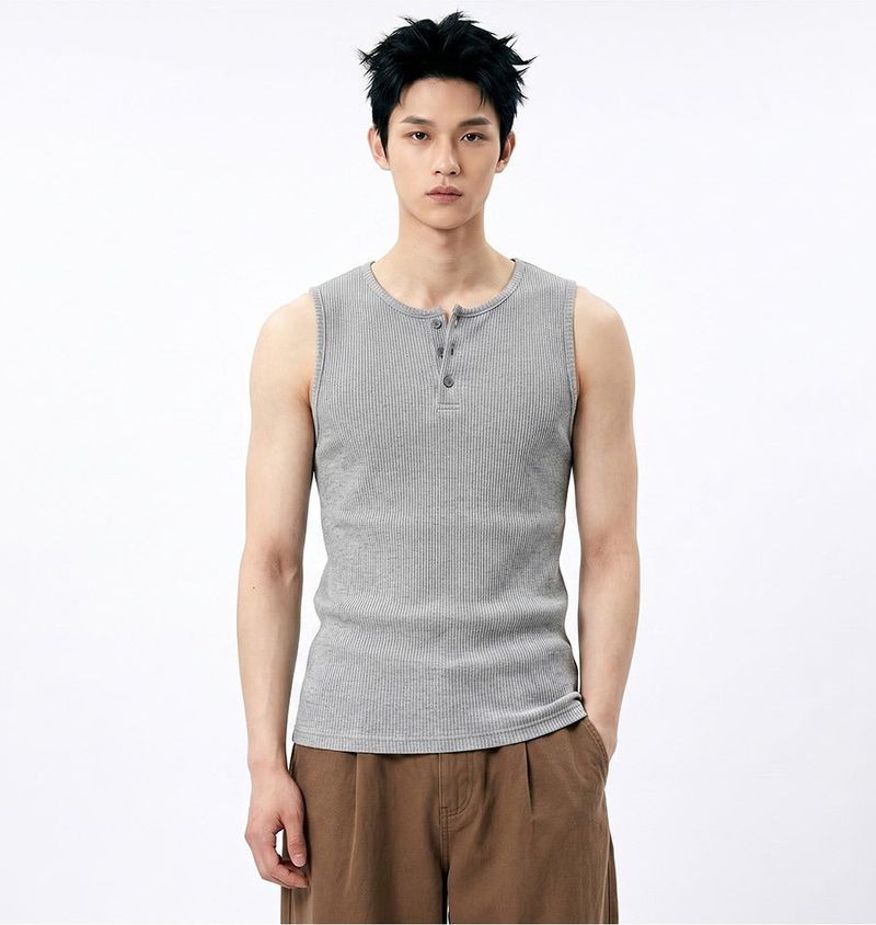 Ribbed Henley-Neck Sleeveless Top Gray