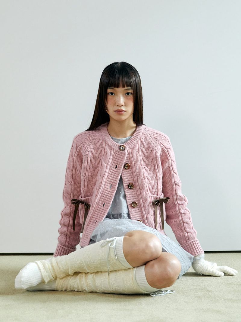 ribbon wool cable cardigan_pink