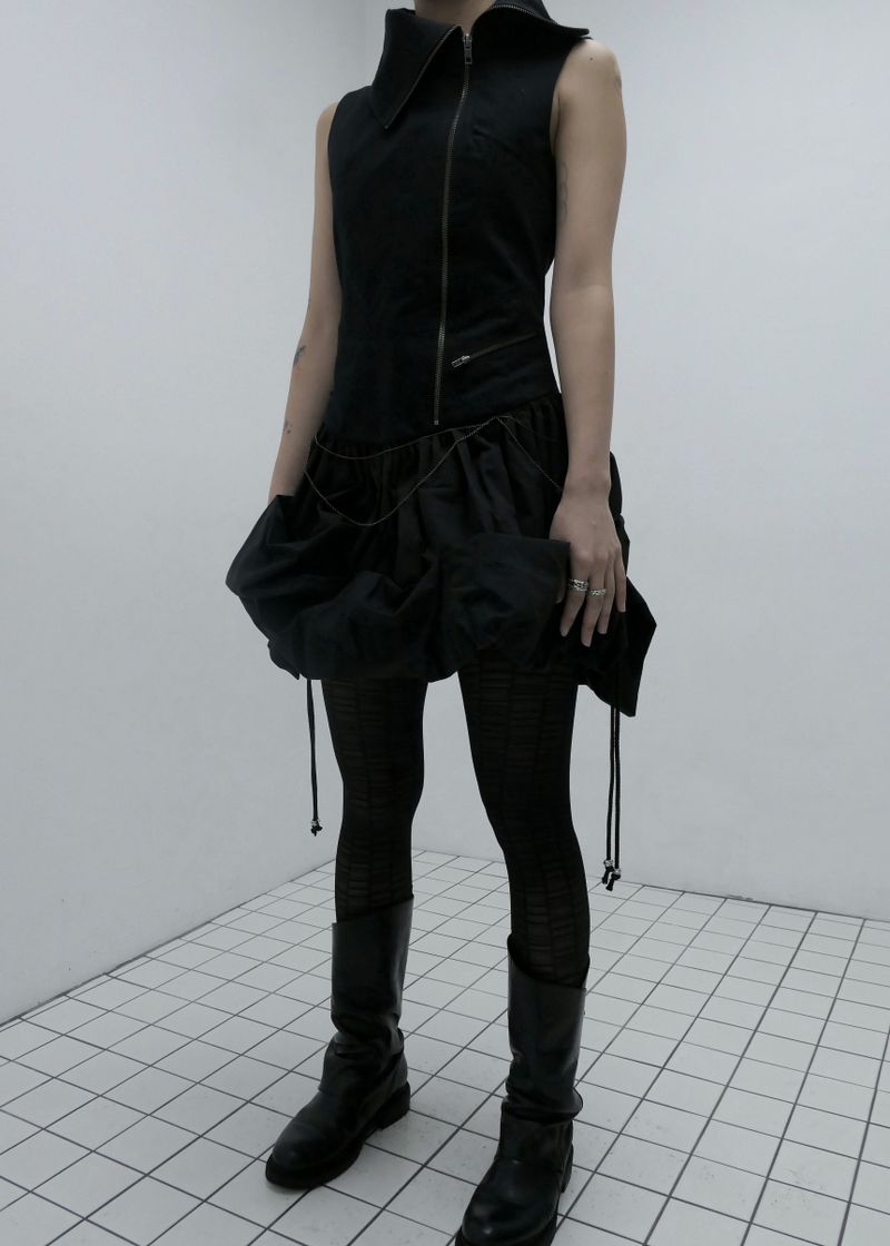 HIGHNECK UNBALANCED DRESS, BLACK