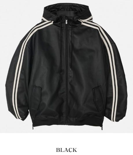 Track shirring leather hooded jacket