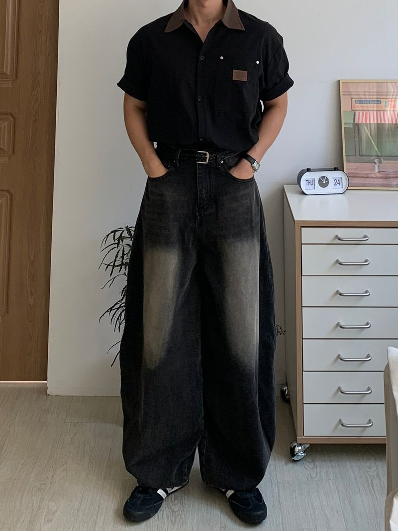 Linen-work short-sleeved shirt