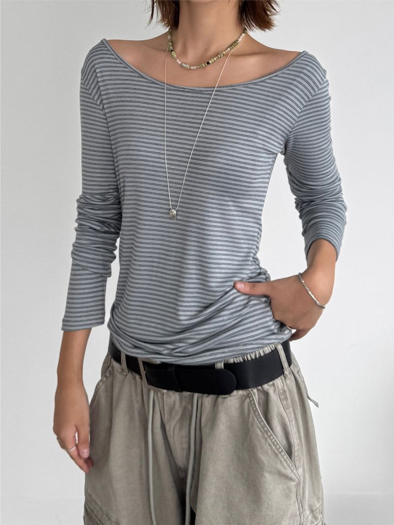 [prts made] soft touch boat-neck long sleeve T-shirts (blue stripe)