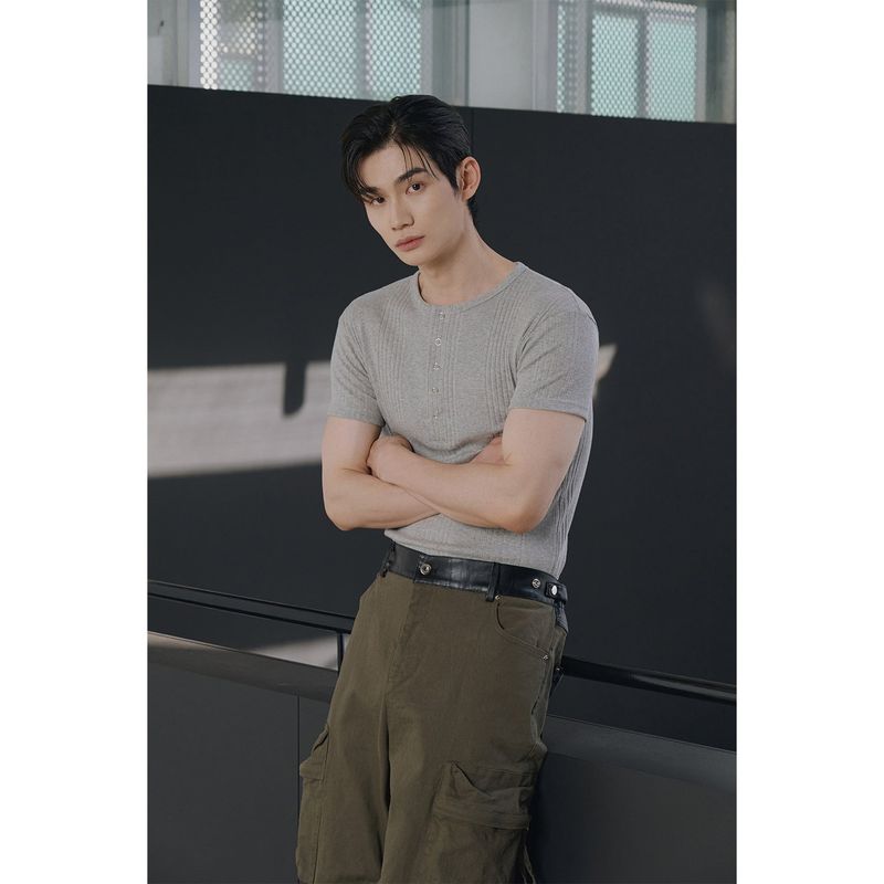 High ribbed henry neck half sleeves(Gray)