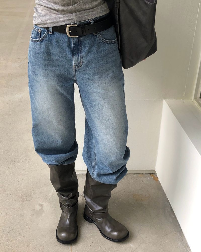 [ORIGINAL] Slub Wrinkled Midi Leather Boots