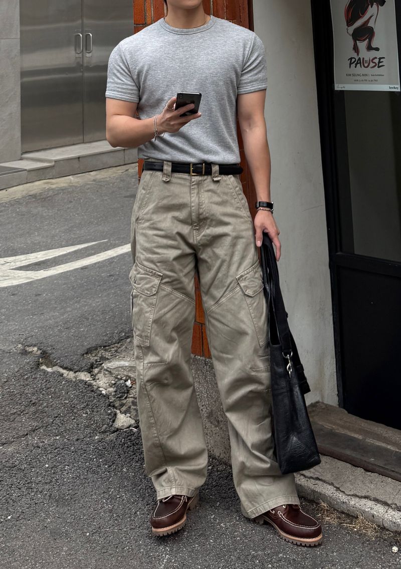 Twill curved wide cargo pants