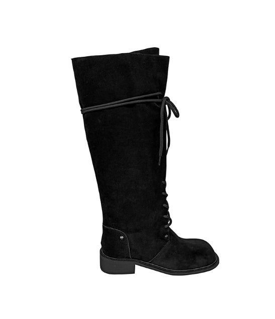 Semu lace-up fold long boots