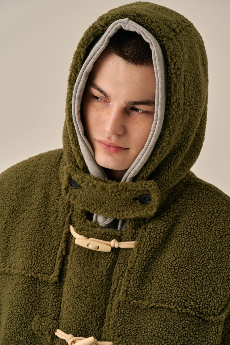 DUFFLE FLEECE HOODED COAT - KHAKI