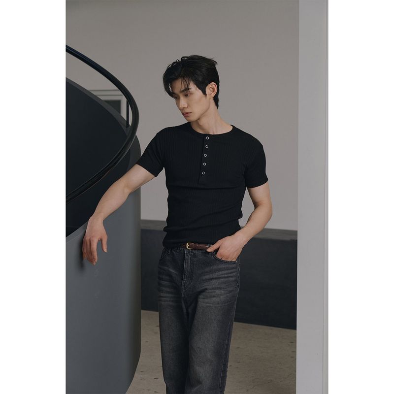 High ribbed henry neck half sleeves(Black)