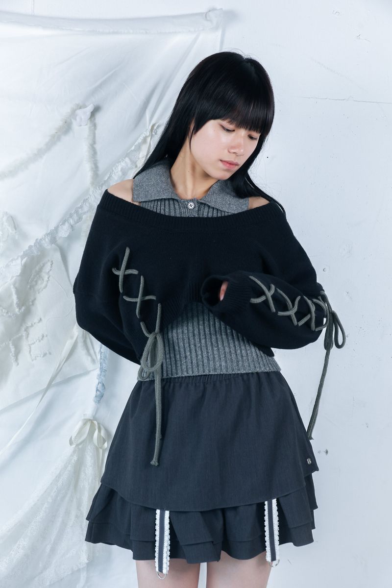laceup ribbon knitset(black)
