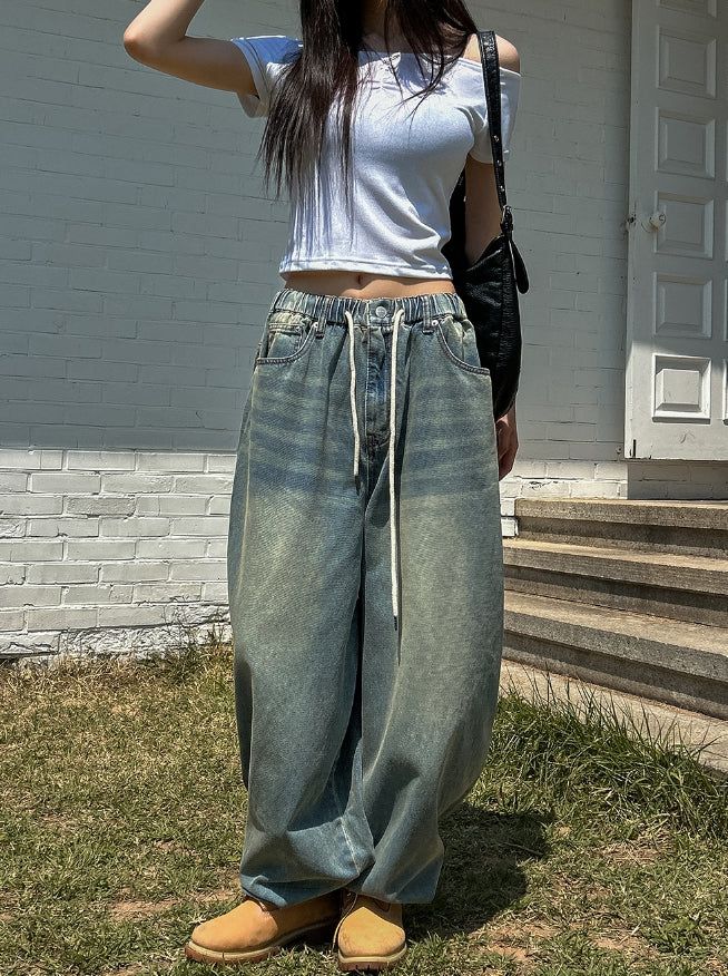 Fit String Banded Balloon Denim Pants