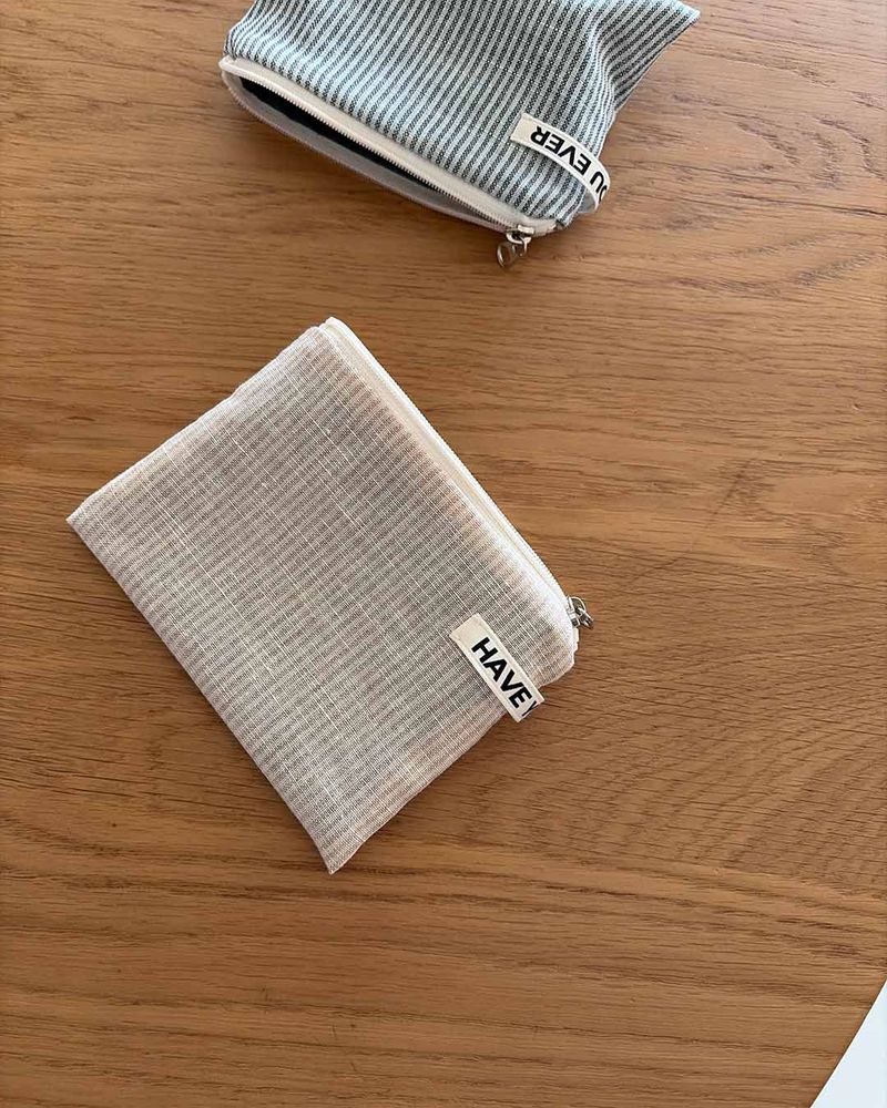 Linen stripe flat pouch - beige , M size