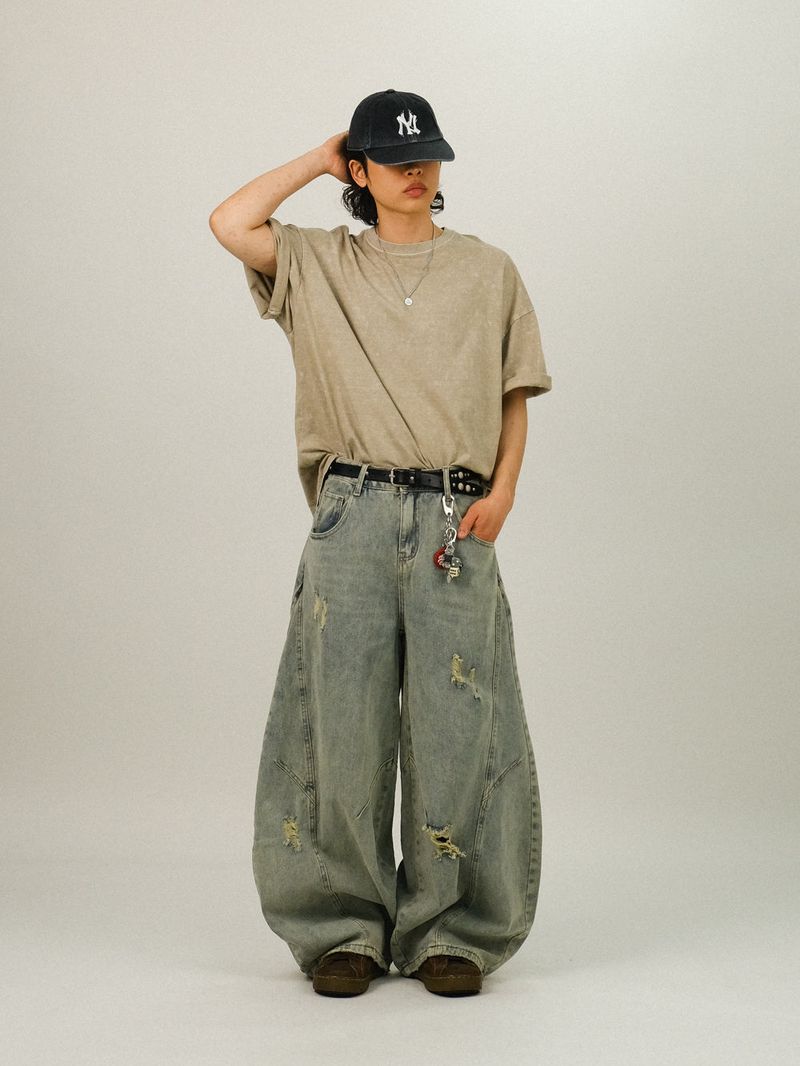 EE CURVED DAMAGE DENIM PANTS