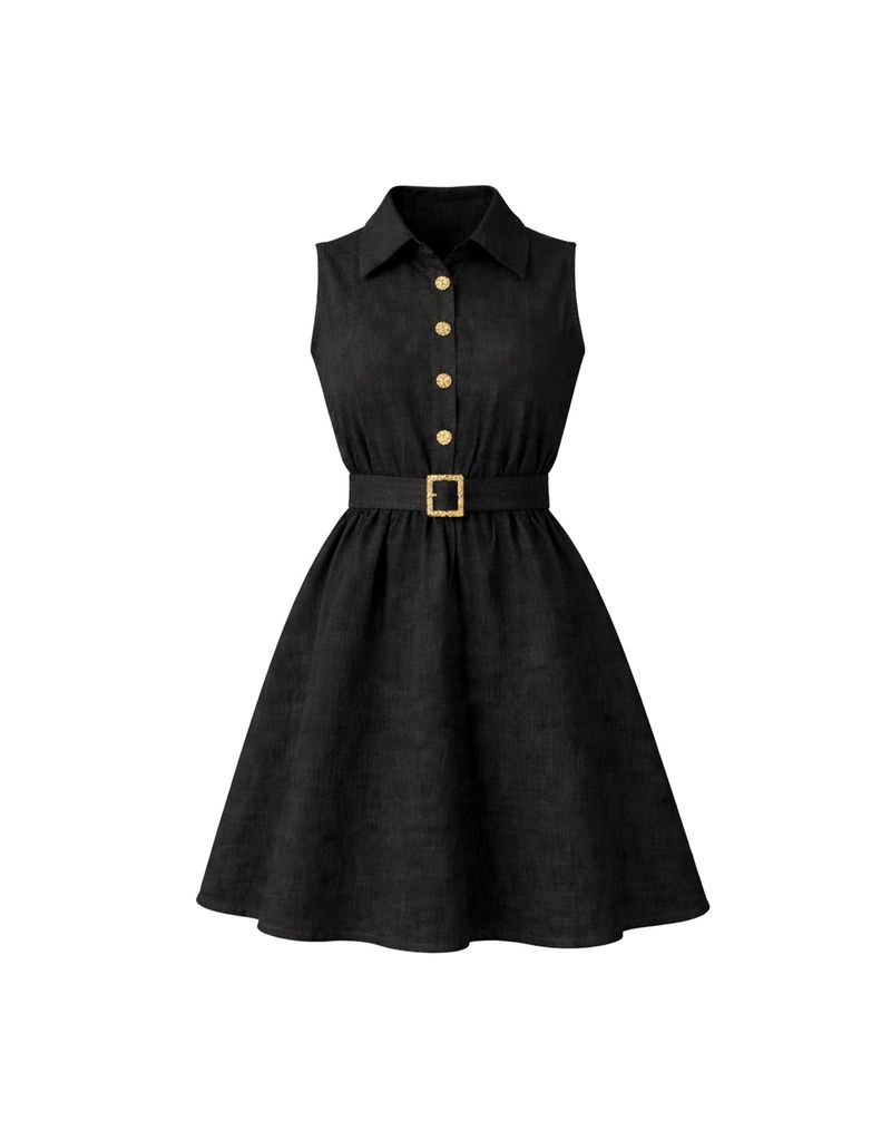 TWEEDY-A（ツウィーディア）の「Haren Linen Collar Button Belt Flare Dress Black Short VER（Dresses）」