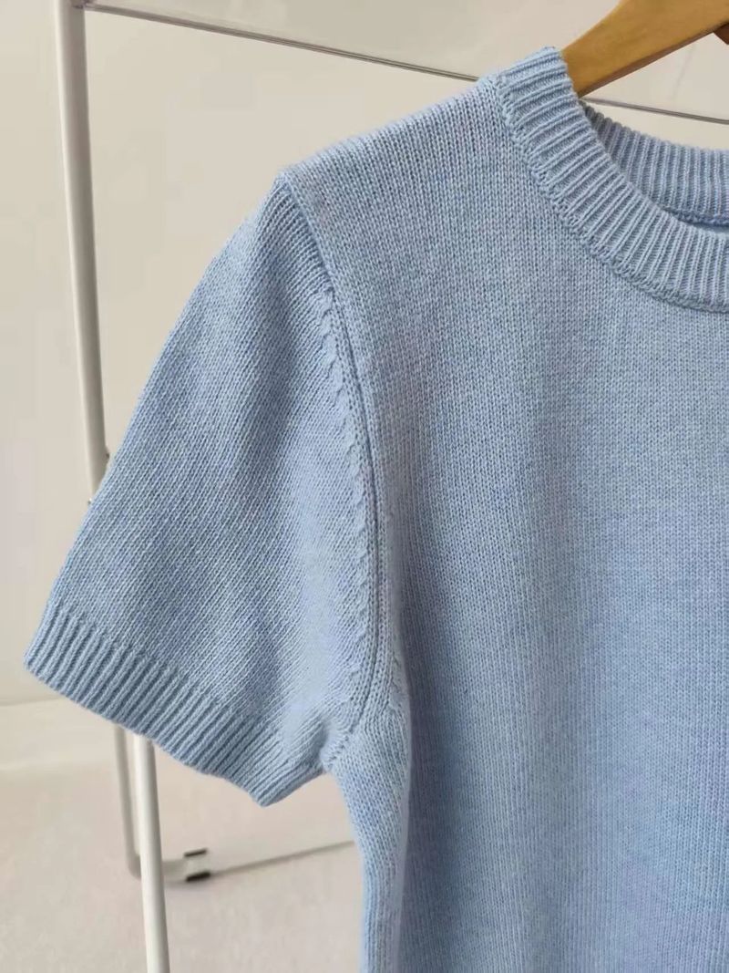 [1+1 Special] Tours Flower Decor Round Neck Wool Short Sleeve Knit