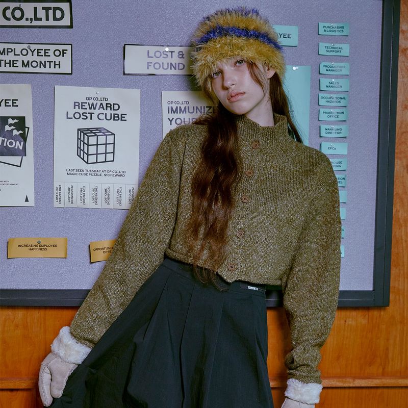 Boucle Turtleneck Cardigan (KHAKI)