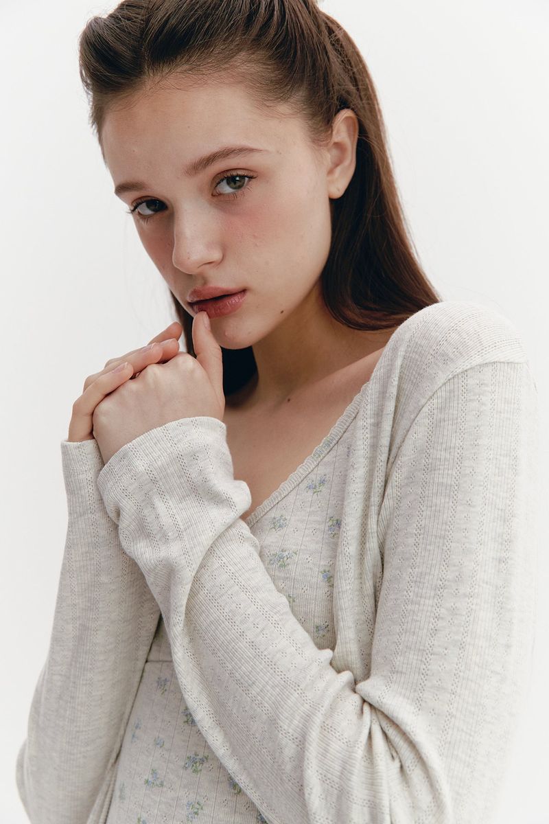 Ribbon Punching Cardigan Oatmeal
