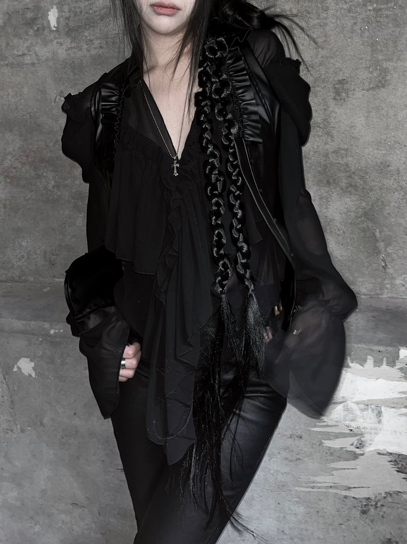 chiffon ruffle v-neck sheer blouse (2color)