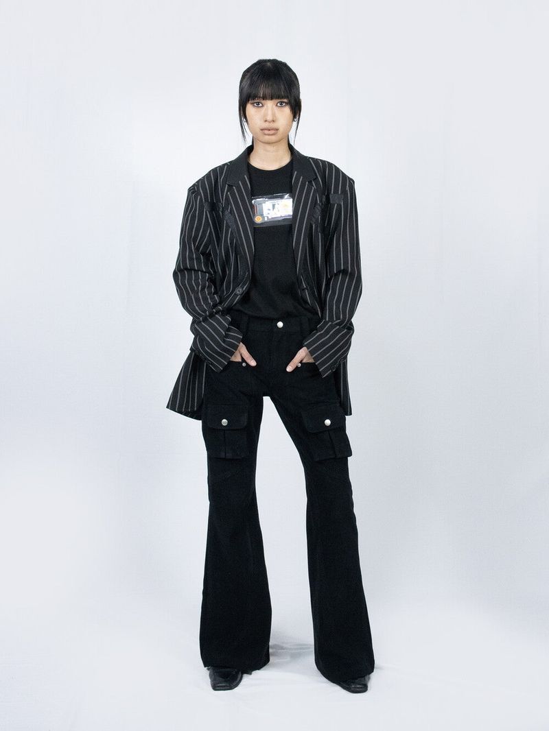 Circle Leather Patch Blazer (Black Stripe)