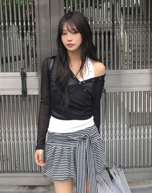 Handy Snap See-through Wrap Hood Knit