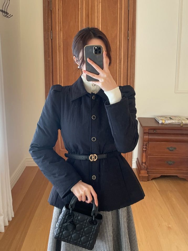 Levin Puff Pearl Button Frill Lace Turtleneck Knit