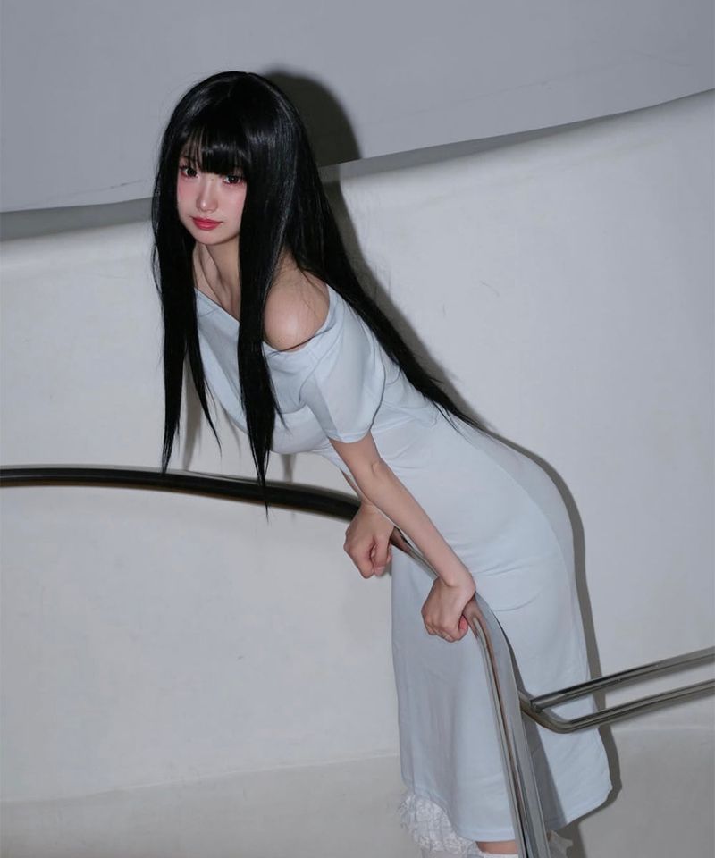 Off-Shoulder Slit Long Onepiece Sky Blue