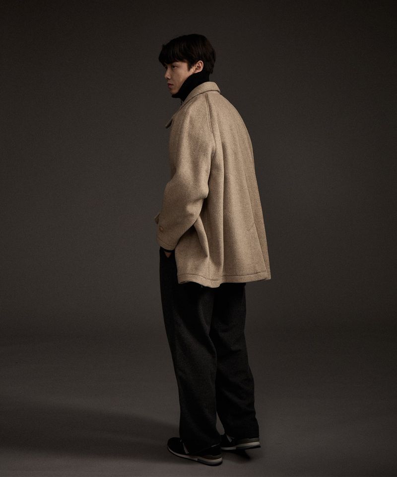 BALMACAAN HERRINGBONE WOOL CASHMERE HALF COAT BEIGE
