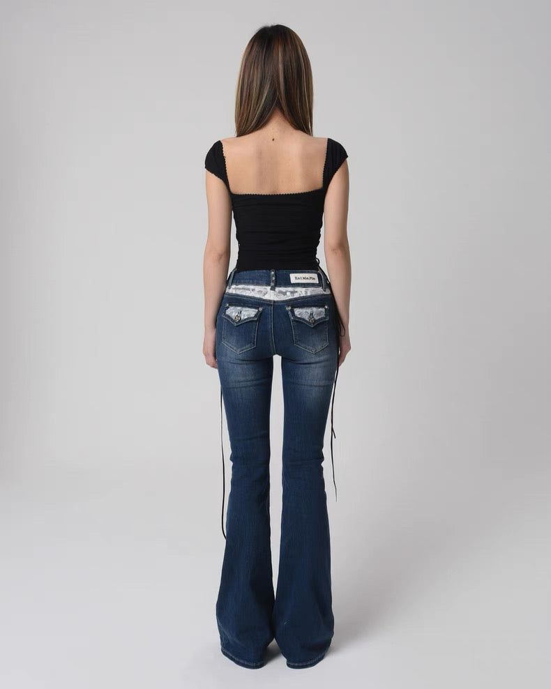 EatmePlz y2k Elastic Lace Low-Waisted Tight Dark Horn Jeans