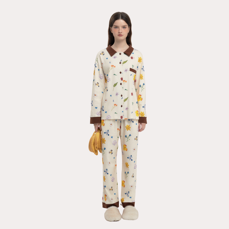 muabomb_home（ムアボム）の「オータム ブラウン リーフアンドフローラル プリント パジャマセット - 100% Brushed Cotton Plush Sleepwear （トップス）」