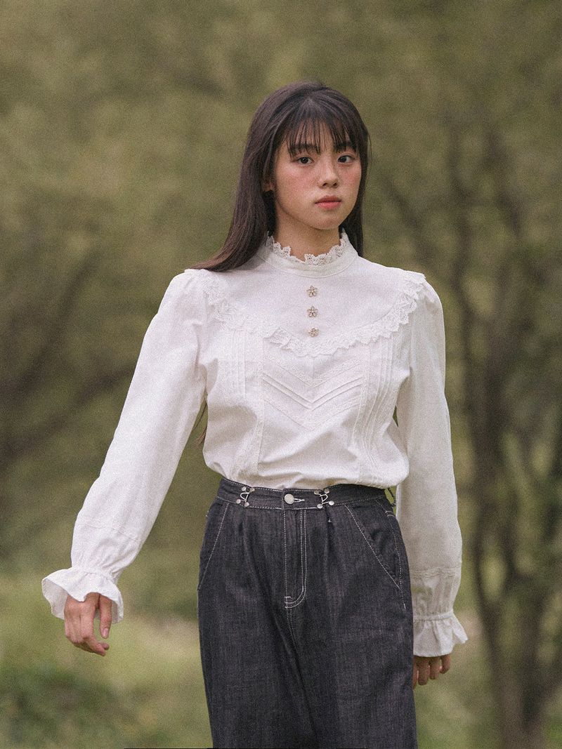 High-Neck Lace-Frill Blouse (Ivory)