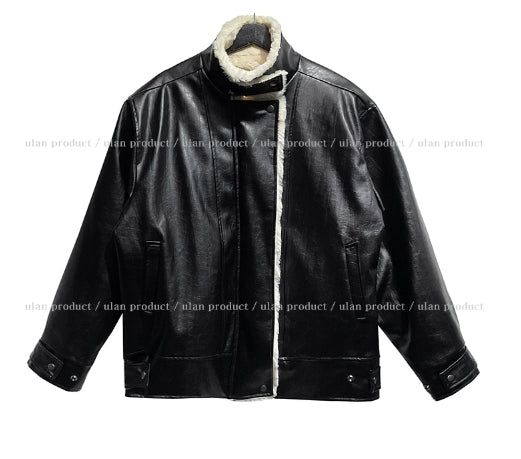 [Mink lining] Catch leather high neck half coat