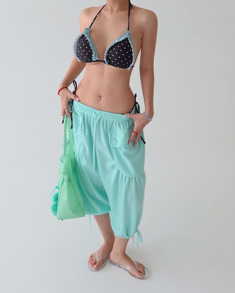 Button Big Pocket Bermuda Harem Capri Pants