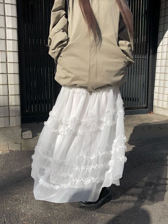 ペブルティアードフリルレースチュールロングスカート