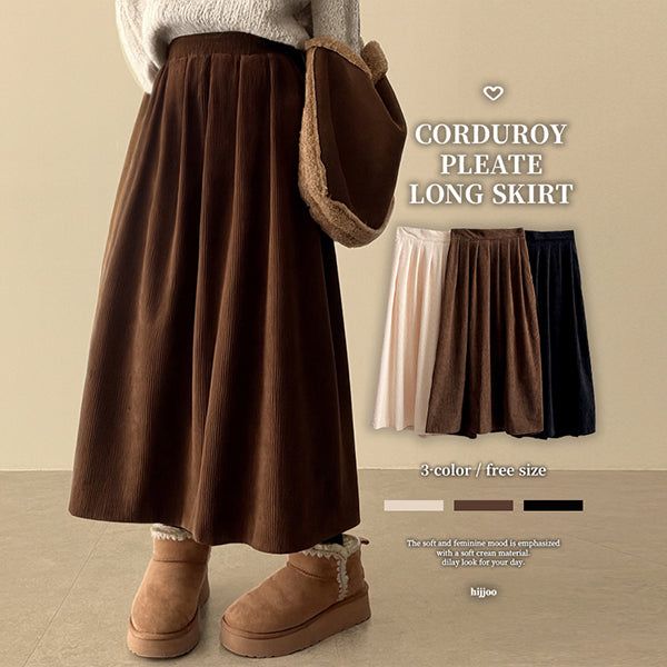 hijjoo（ハイチュー）の「Pewed Corduroy Pleated Banded Waist Long Skirt（Skirts）」