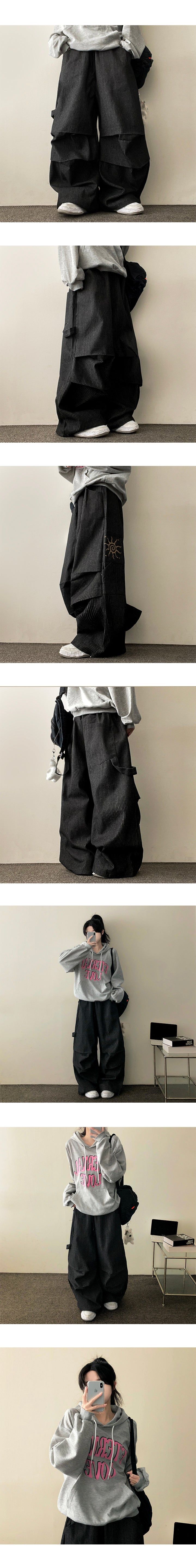 PD Waist Banding Shirring Pattern Carfender Vertical Stripe Denim Pants