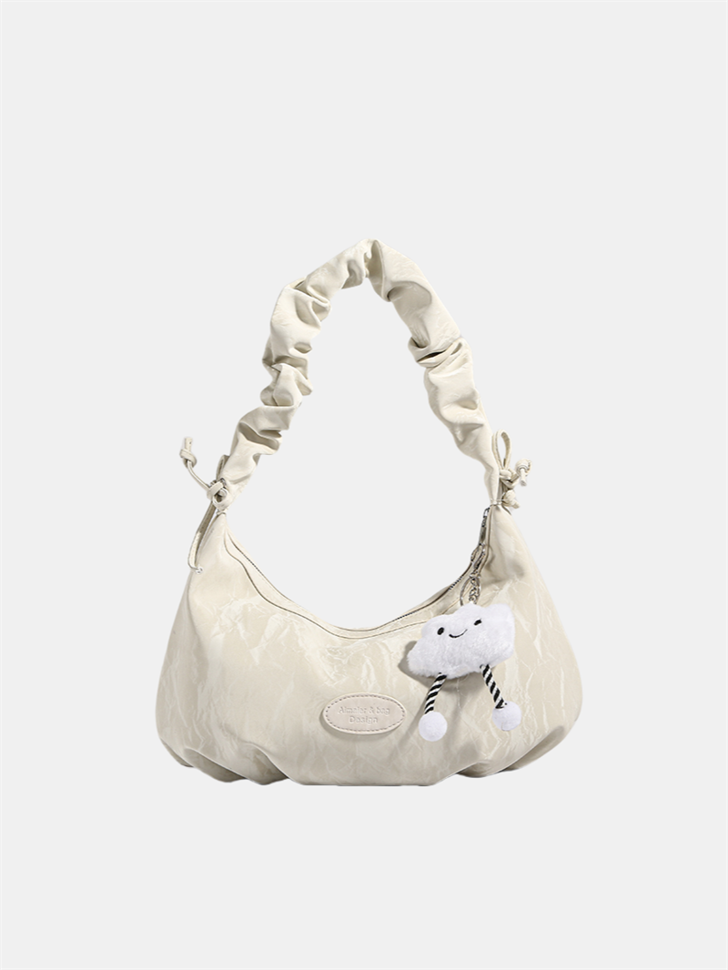 Cloud doll key ring bag denim washed leather wave pattern wrinkle strap zipper shoulder bag