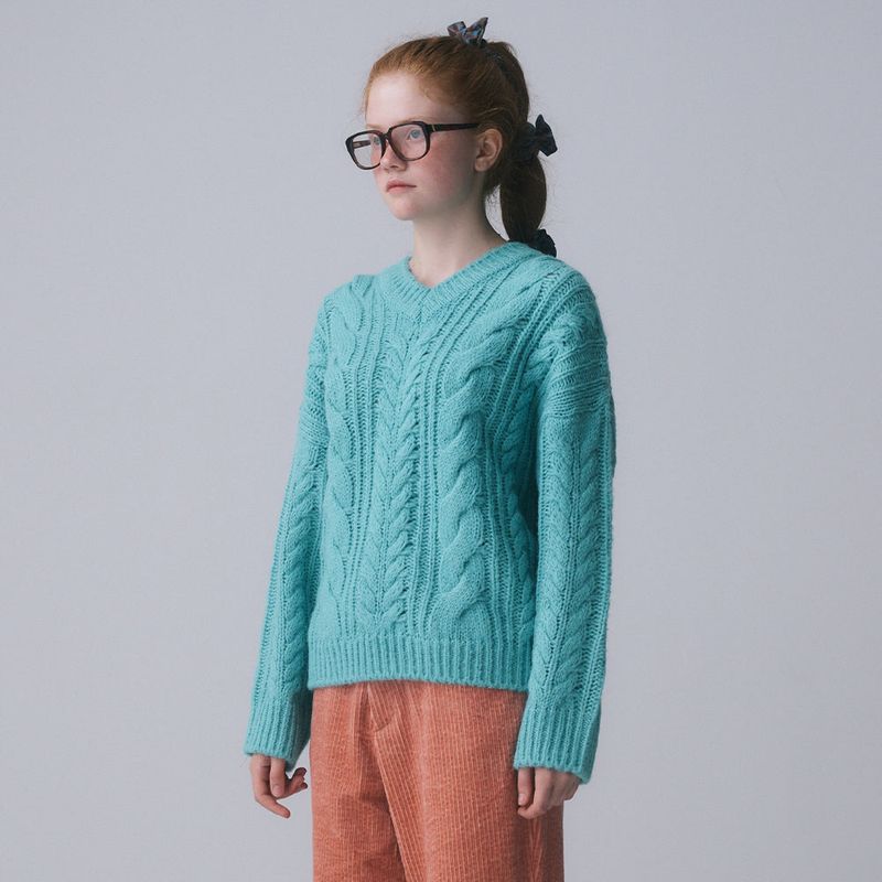 V-NECK CABLE KNIT PULLOVER, BLUE