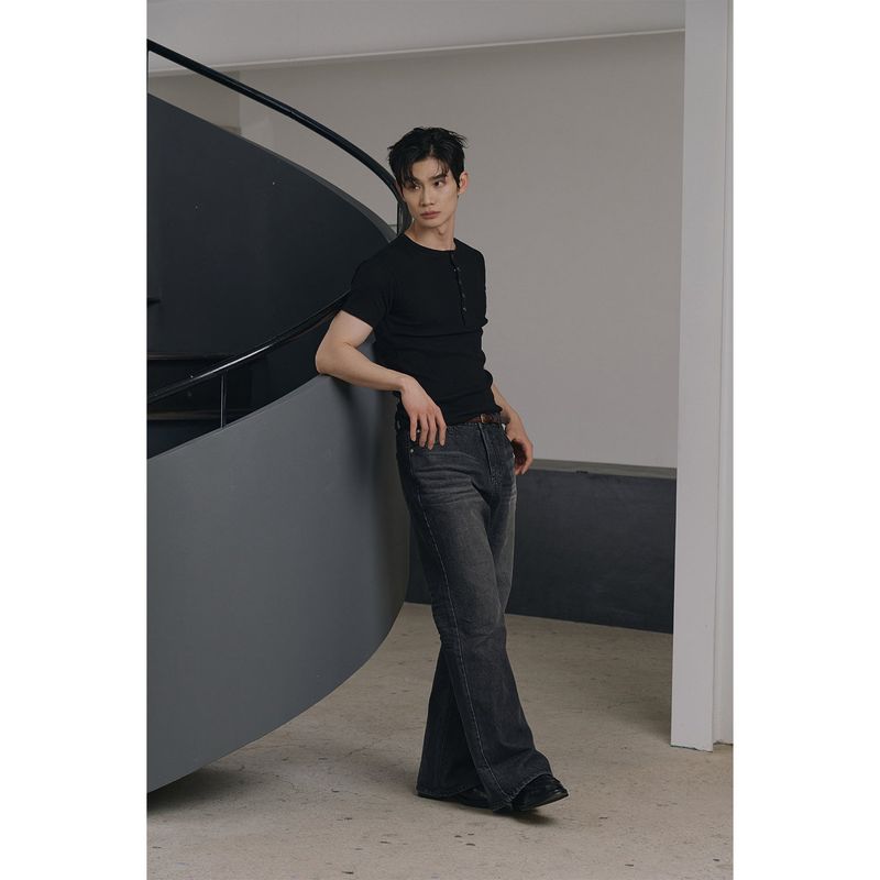 High ribbed henry neck half sleeves(Black)